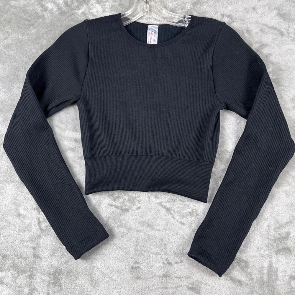 Bella Movement Womens Ribbed Long Sleeve Crop Top Black Crew Neck FR-501 S/M